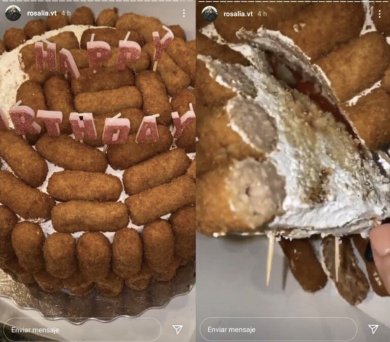 Rosalía celebró su cumpleaños con dos tortas antagónicas: una de chocolate y otra de ¡croquetas!