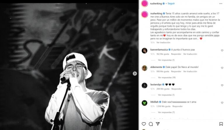 Rusherking se emocionó al recordar sus inicios como cantante: "Me vine a Buenos Aires sin un peso"