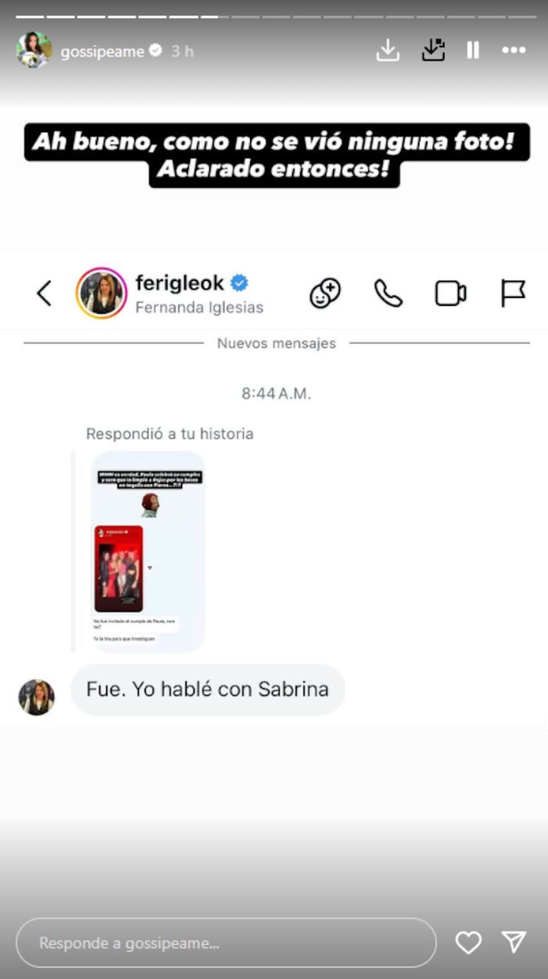 Sabrina Rojas, ¿afuera del cumpleaños de Paula Chaves? | Créditos: Instagram @gossipeame