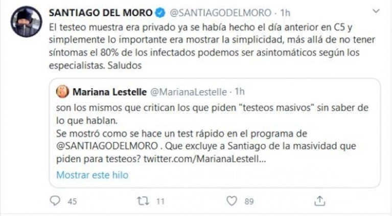 Santiago del Moro se defendió tras la dura crítica de Rial por malgastar un test de Covid-19: "Era un recurso privado"