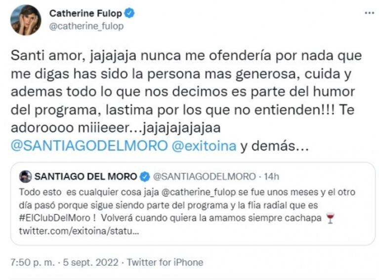 Santiago del Moro y Cathy Fulop tuvieron un ida y vuelta en Twitter tras la versión de conflicto: "Todo esto es cualquier cosa"