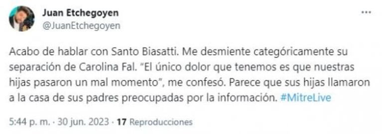 Santo Biasatti desmintió haberse separado de Carolina Fal: "El único dolor que tenemos es que nuestras hijas pasaron un mal momento"