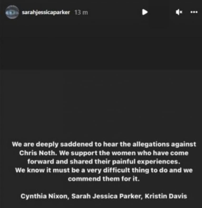 Sarah Jessica Parker apoyó a las mujeres que denunciaron a Chris Noth por abuso: "Debe ser algo muy difícil de hacer"