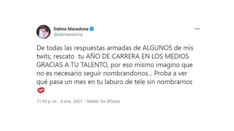 Sarcástica réplica de Dalma Maradona a la respuesta de Rocío Oliva en TV: "Rescato tu carrera en los medios"