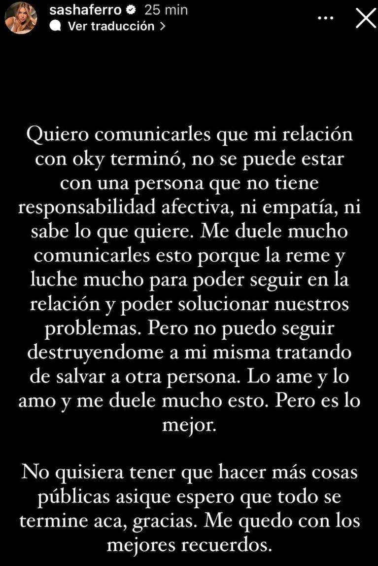 Sasha acusó a Oky de no tener "responsabilidad afectiva".