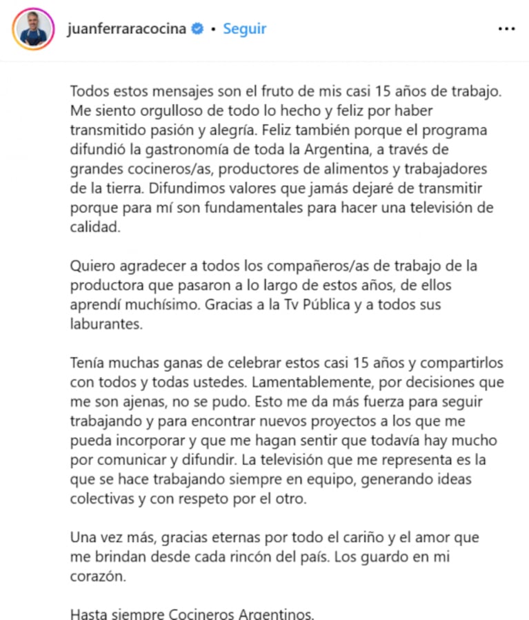 Se conoció el motivo por el que Juan Ferrara dejó Cocineros Argentinos: "La TV que me representa es la del respeto"