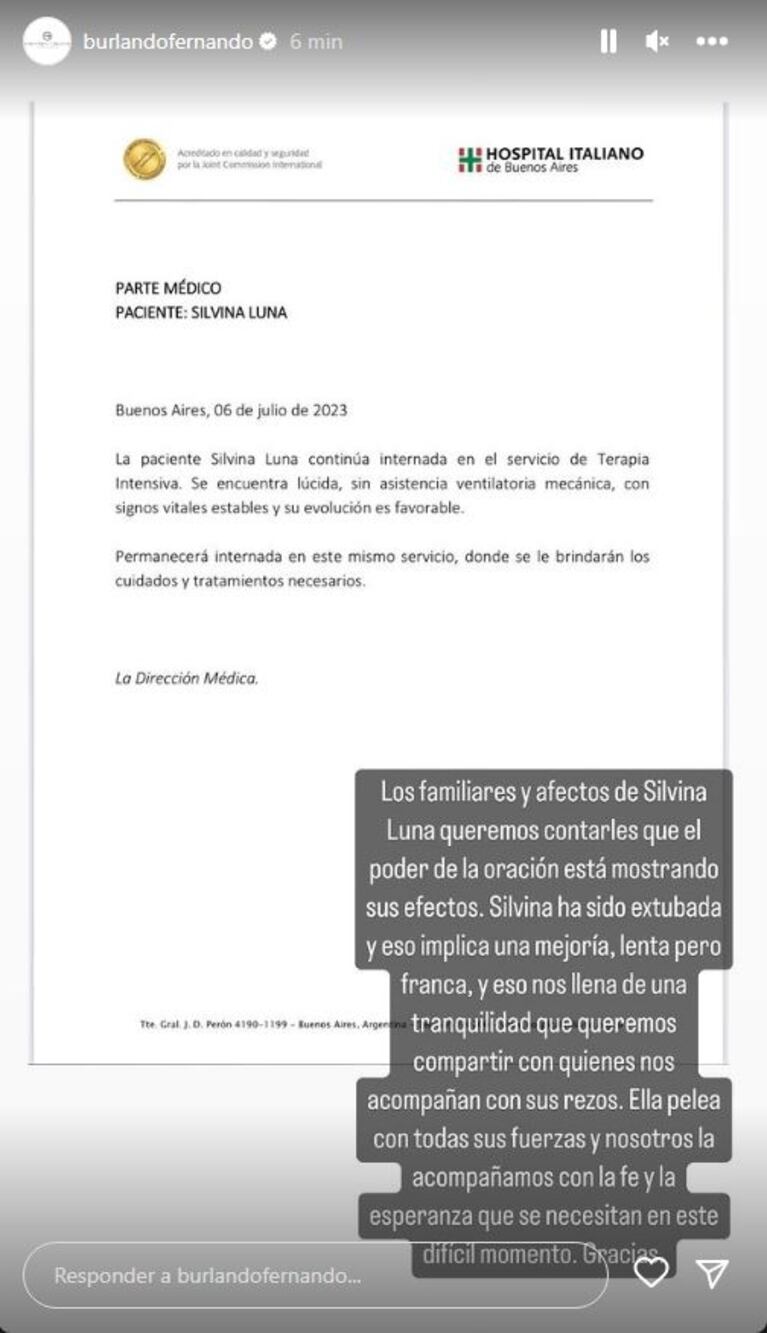 Se conoció el nuevo parte médico sobre la salud de Silvina Luna: "Se encuentra lúcida y sin asistencia ventilatoria mecánica"