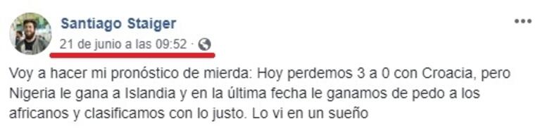 Se cumplió la publicación viral de Facebook sobre el pronóstico de Argentina en primera ronda