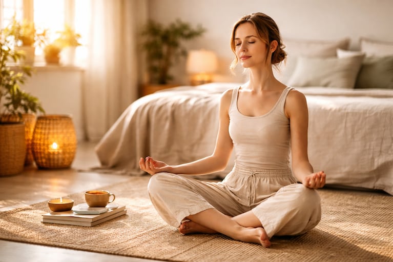 Se puede aprovechar a meditar en el suelo para favorecer la salud corporal. Foto: IA (ChatGPT)