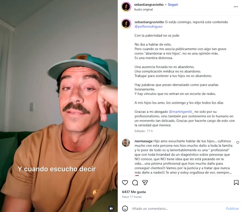 Sebastián Graviotto estalló contra una psicóloga que lo acusó de “padre abandónico” (Captura de Instagram)