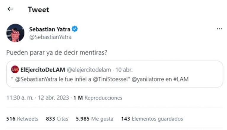 Sebastián Yatra cruzó a Yanina Latorre por decir que le fue infiel a Tini Stoessel con Aitana: "Pueden parar de decir mentiras"