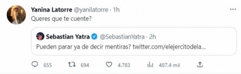 Sebastián Yatra cruzó a Yanina Latorre por decir que le fue infiel a Tini Stoessel con Aitana: "Pueden parar de decir mentiras"