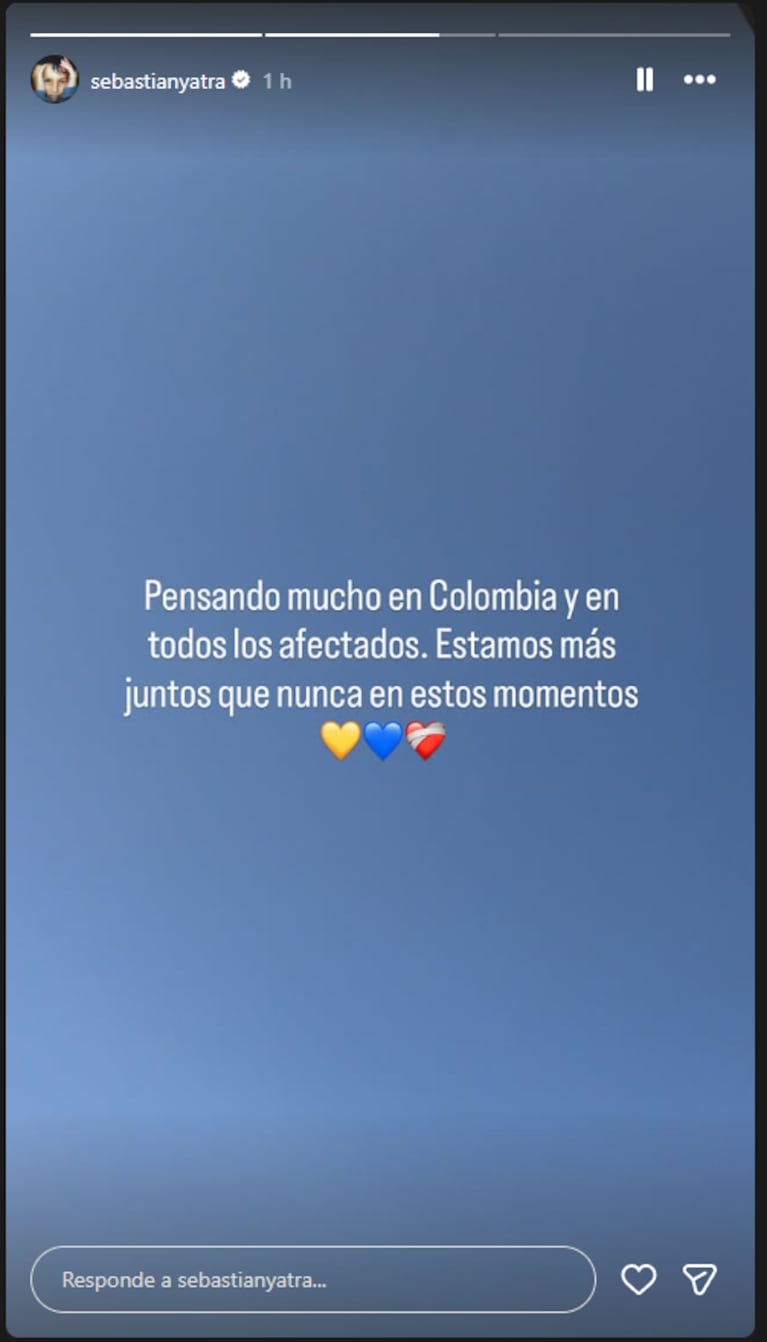 Sebastián Yatra posteó tras el terremoto en Colombia.