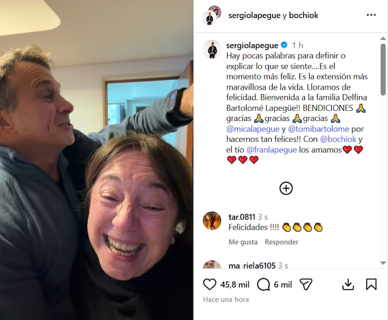 Sergio Lapegüe y Bochi se convirtieron en abuelos: así fue su reacción (Foto:Instagram/@
sergiolapegue).