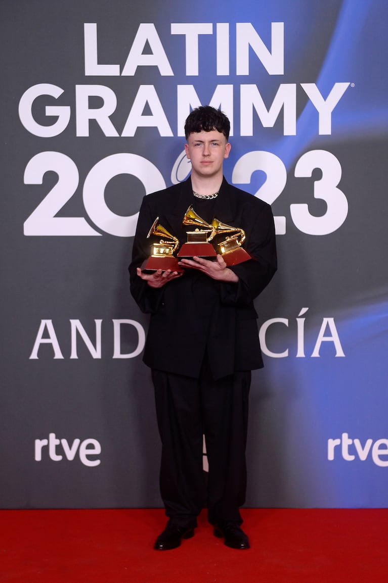 SEVILLE, SPAIN - NOVEMBER 16: Francisco Zecca poses with awards during The 24th Annual Latin Grammy Awards on November 16, 2023 in Seville, Spain. (Photo by Borja B. Hojas/Getty Images for Latin Recording Academy)