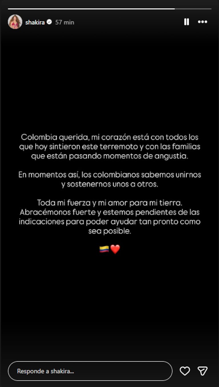 Shakira posteó tras el terremoto en Colombia.