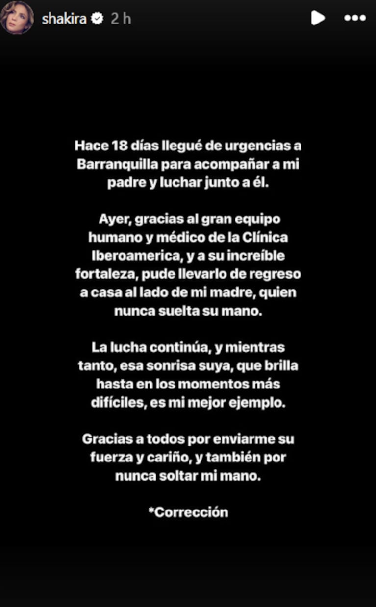 Shakira se refirió en Instagram a la internación de su papá.