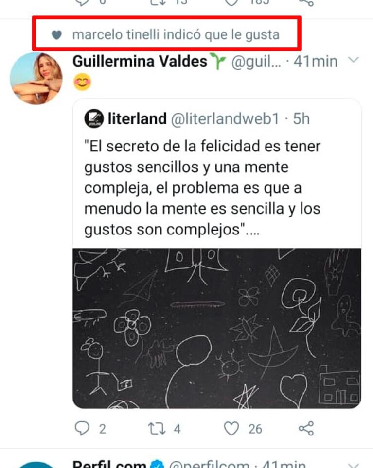 Significativo "me gusta" de Marcelo Tinelli a una frase sobre "el secreto de la felicidad" que Guille Valdés compartió en Twitter