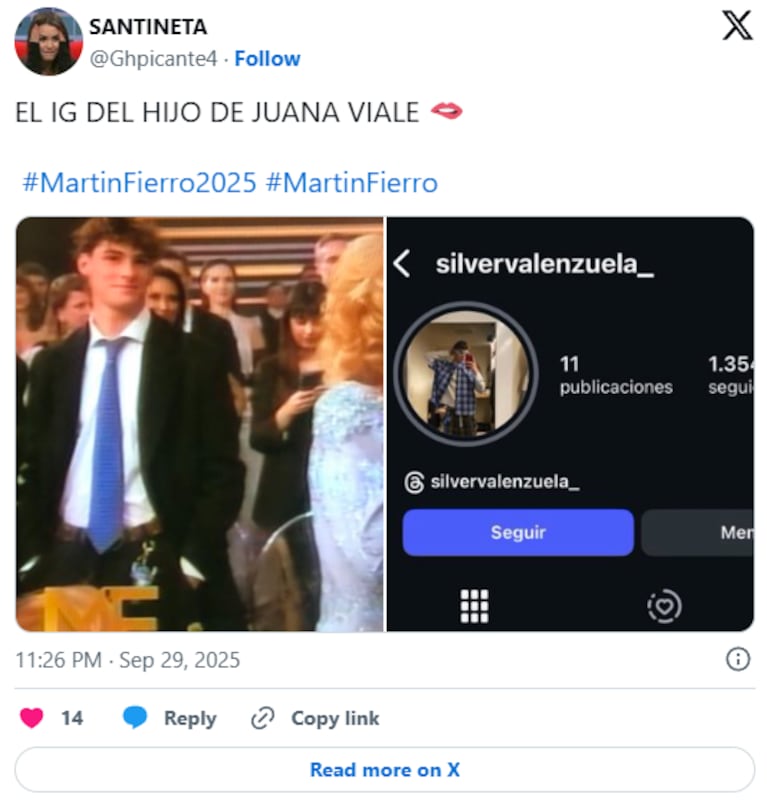 Silvestre, hijo de Juana Viale, rompió corazones tras aparecer en los Martín Fierro 2025 | Créditos: captura X