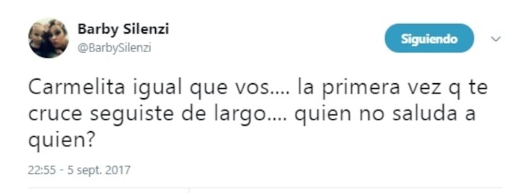 Silvina Luna disparó contra Barby Silenzi por TV y la bailarina le respondió en Twitter: "Carmelita igual que vos que la primera vez que te crucé, seguiste de largo"