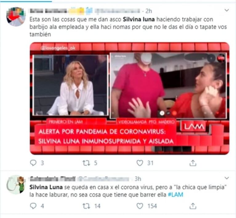 Silvina Luna mostró que su empleada doméstica trabajaba con barbijo y estallaron las críticas en las redes
