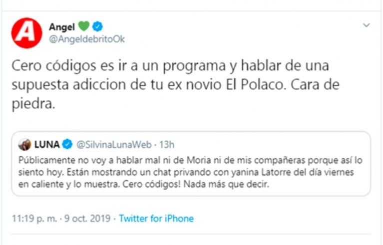 Silvina Luna se indignó con De Brito por mostrar un chat y él retrucó: "Cero códigos es hablar de una supuesta adicción del Polaco"