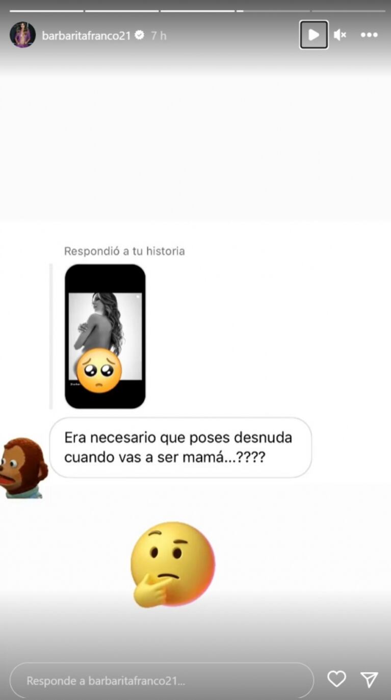 Sin ropa, Barby Franco mostró su panza de embarazada y se cruzó con un seguidor que la fulminó