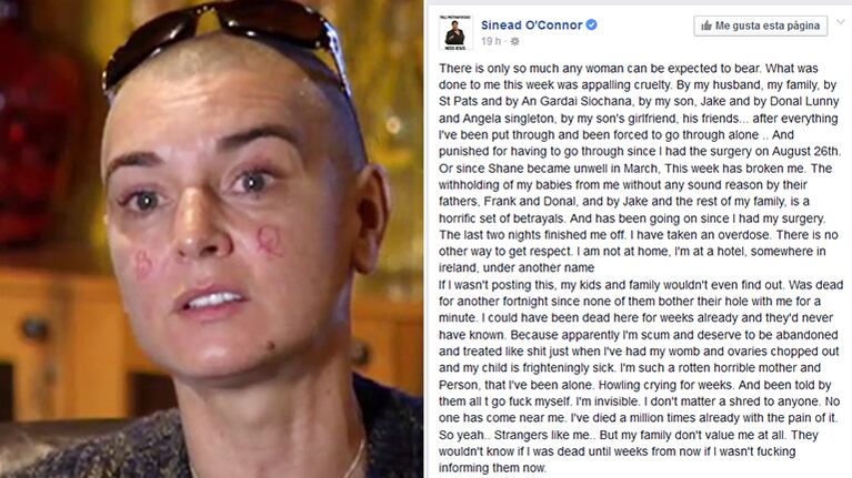 Sinead O'Connor fue rescatada por la Policía tras esta preocupante carta: "He tomado una sobredosis. Estoy en un hotel bajo otro nombre"