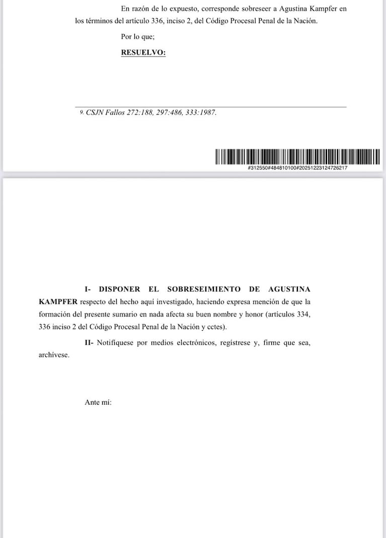 Sobreseyeron a Agustina Kämpfer.