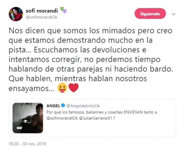Sofi Morandi y los que la tildan de mimada del Bailando junto a Serrano: "Mientras hablan, nosotros ensayamos"