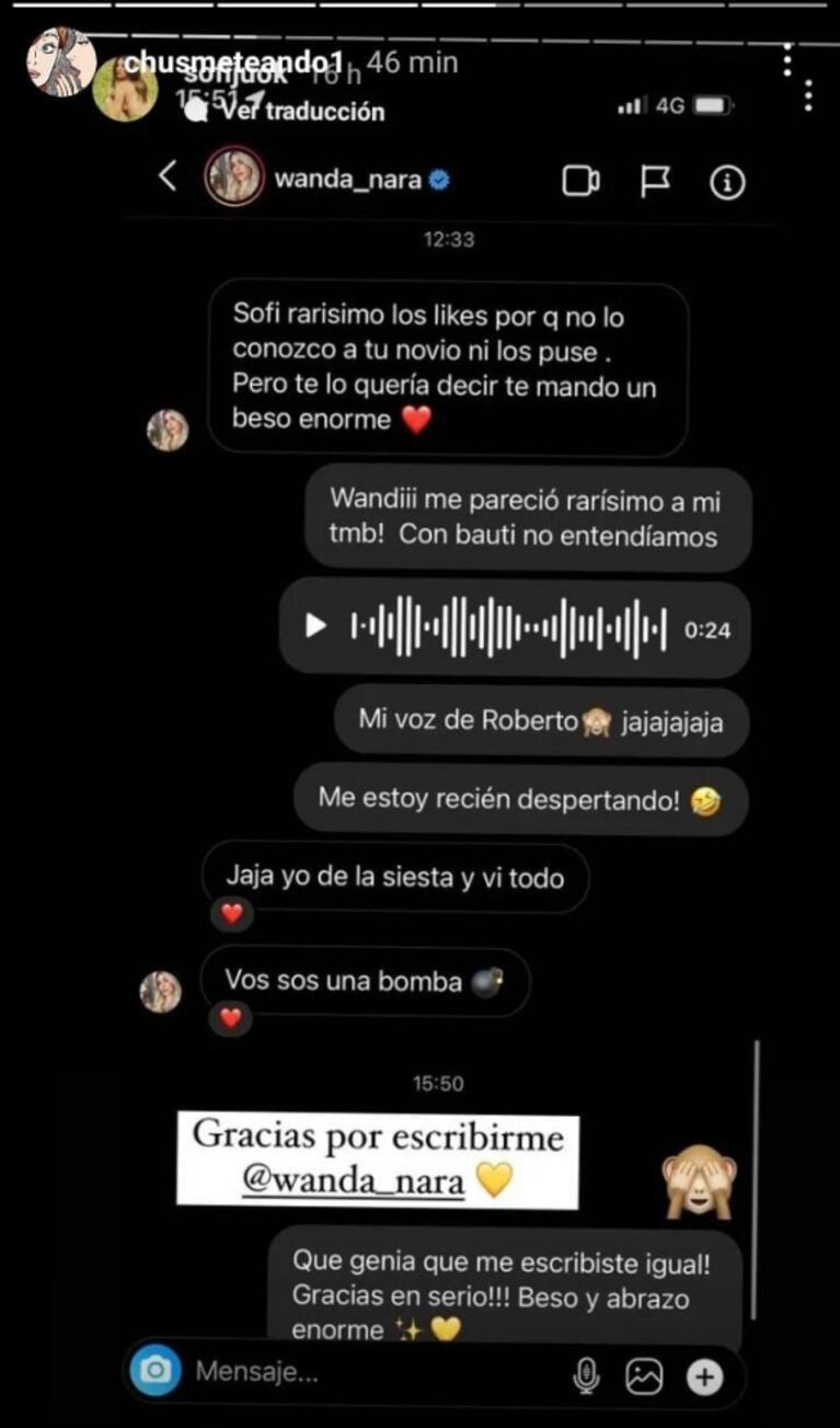 Sofía Jujuy Jiménez mostró el chat que tuvo con Wanda Nara por los likes a su novio: “No lo conozco ni los puse”