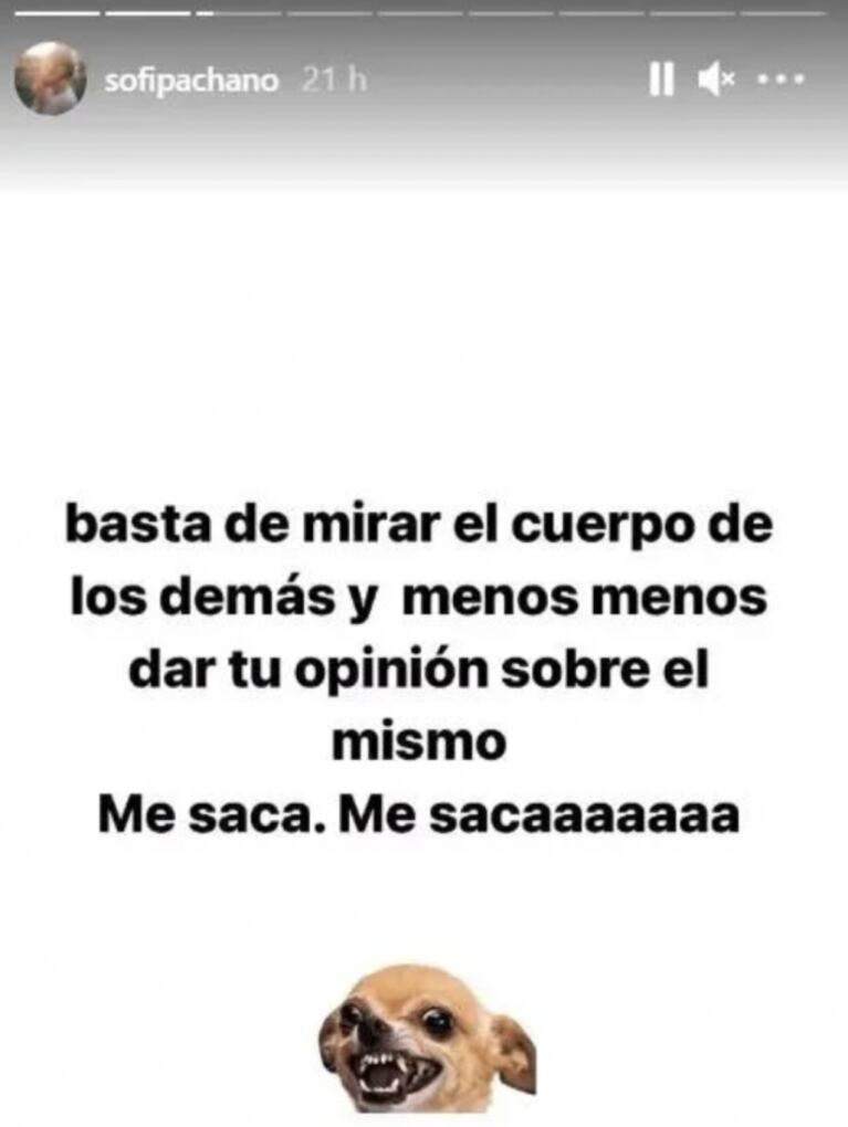 Sofía Pachano arremetió contra una seguidora que opinó sobre su cuerpo: "¡Me saca, estoy harta de comentarios así!"