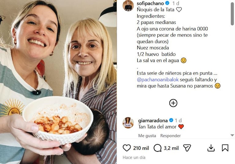 Sofía Pachano cocinó la famosa "receta de La Tata" mientras su hijo era cuidado por Claudia Villafañe (Foto: Instagram/@sofipachano).