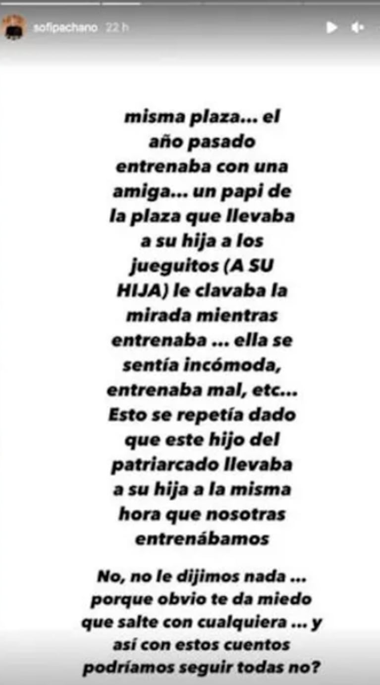 Sofía Pachano relató el mal momento que vivió en una plaza con un hombre: "Me miraba entrenar"