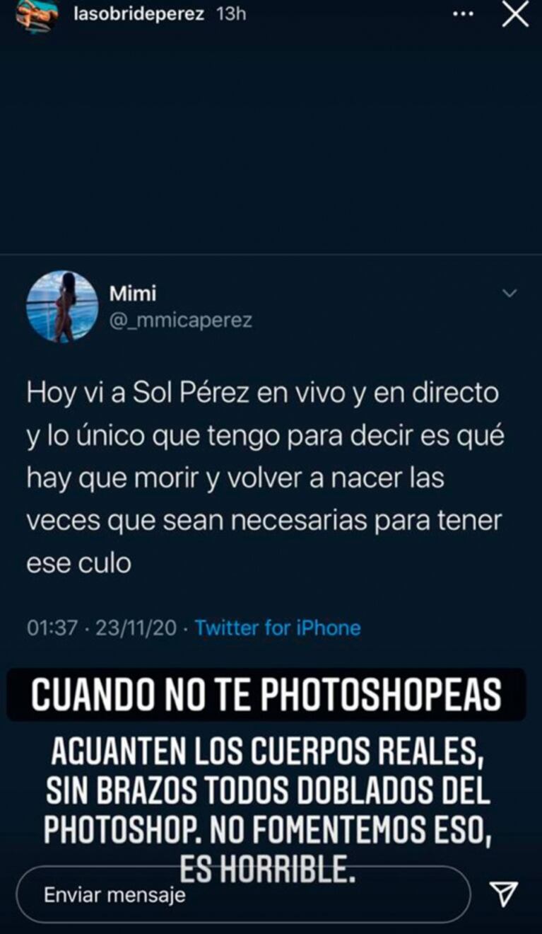 Sol Pérez, contundente en contra del uso del Photoshop: "Aguanten los cuerpos reales, sin brazos todos doblados"