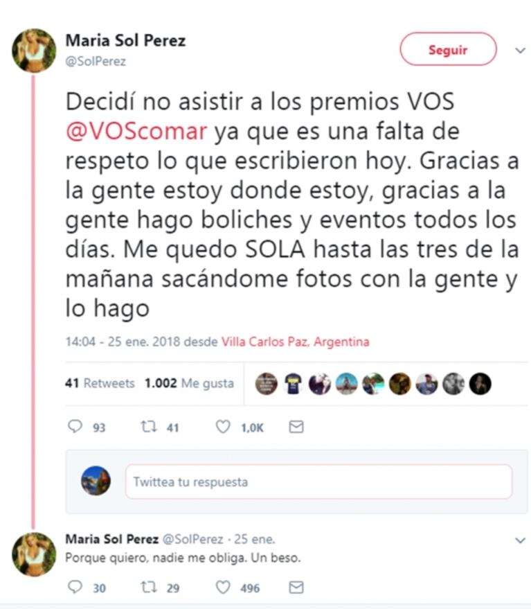 Sol Pérez descargó su bronca contra los Premios de La Voz del Interior: "Es una falta de respeto" 