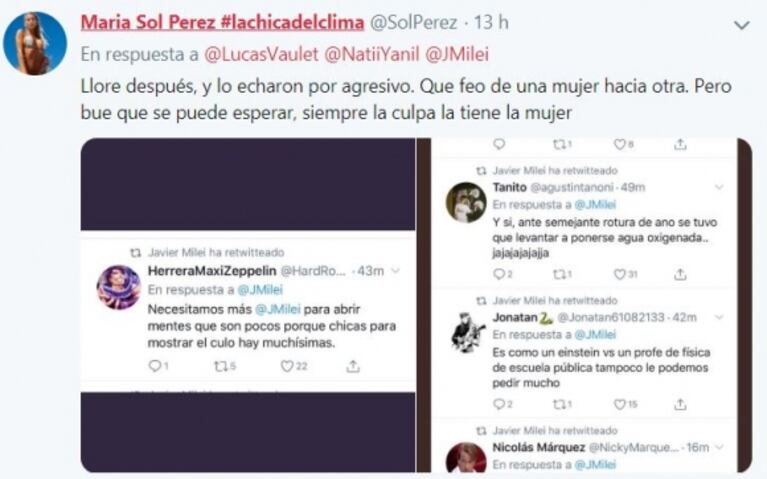 Sol Pérez mostró los tremendos mensajes machistas que compartió Javier Milei contra ella, tras el cruce en TV