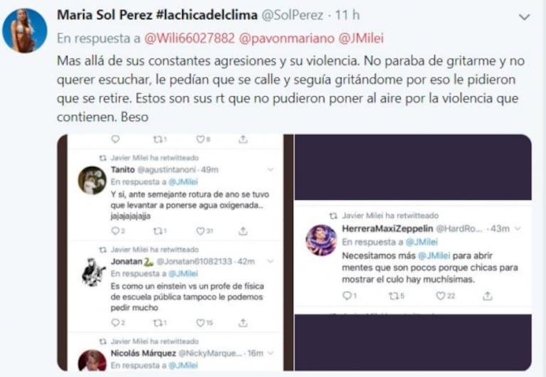 Sol Pérez mostró los tremendos mensajes machistas que compartió Javier Milei contra ella, tras el cruce en TV