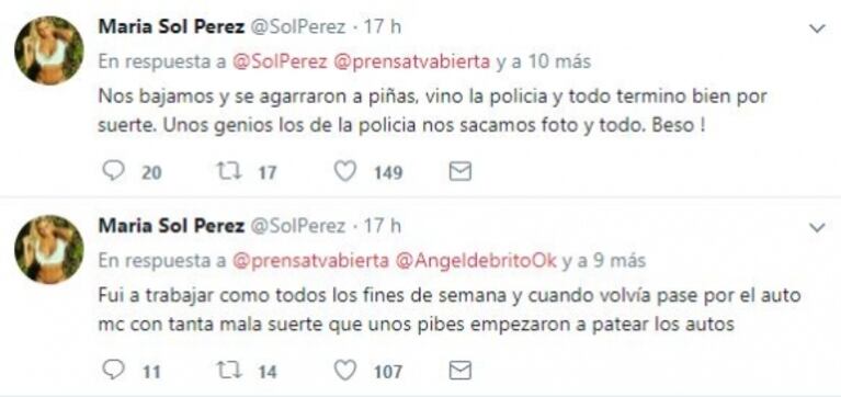 Sol Pérez, testigo de un episodio de violencia en la madrugada: "Unos pibes se agarraron a piñas y vino la policía"