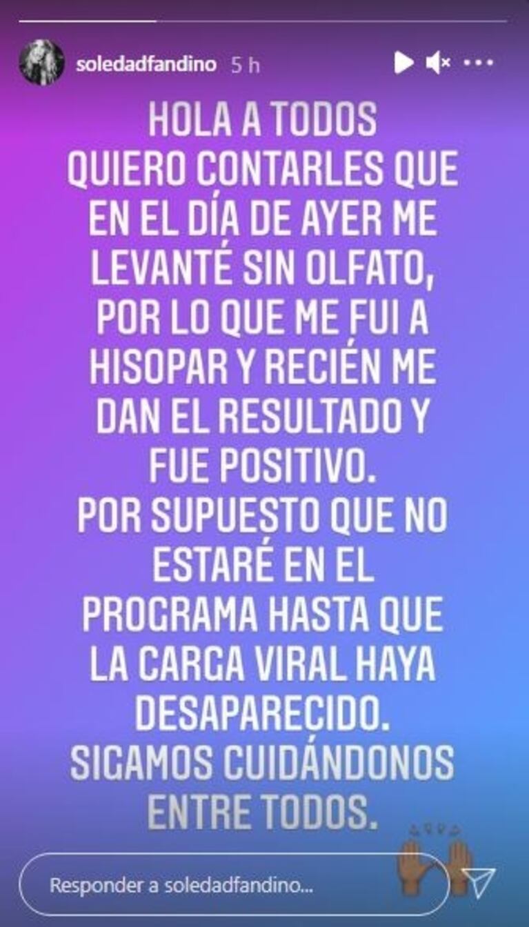 Soledad Fandiño contó que contrajo coronavirus: "Me levanté sin olfato; sigamos cuidándonos entre todos"