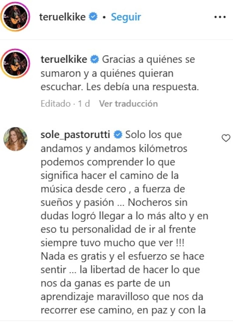 Soledad Pastorutti le dedicó este emotivo mensaje a Kike Teruel luego de que anunciara su retiro de la música