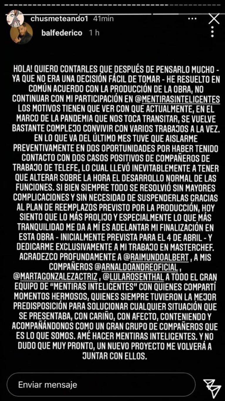 Sorpresiva renuncia de Fede Bal a la obra "Mentiras Inteligentes": "Siento que es lo más prolijo y lo que más tranquilidad me da"
