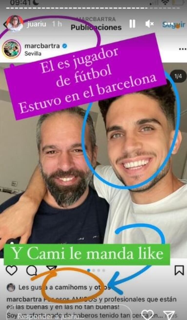 Sorpresivos "me gusta" de Camila Homs, ex de Rodrigo de Paul, al futbolista Marc Bartra: "No se siguen"