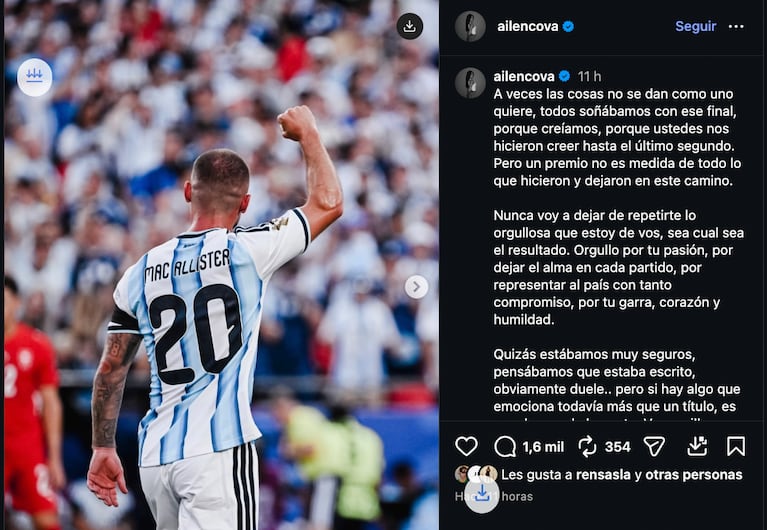“Sos la mufa del Mundial”: el duro ataque a Ailén Cova tras su mensaje para Alexis Mac Allister. Crédito: Instagram