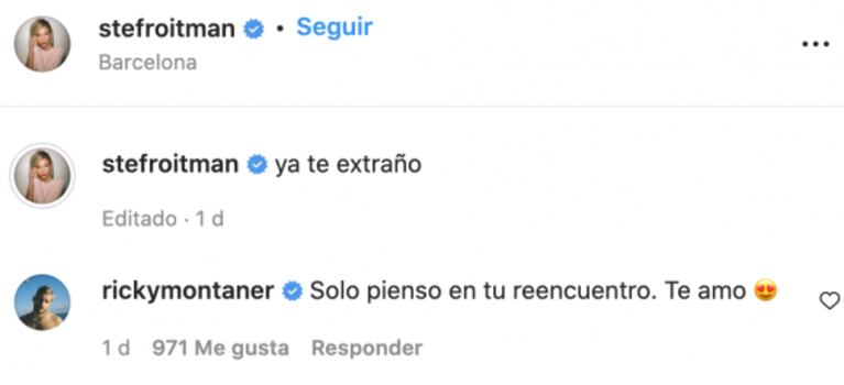 Stefi Roitman y Ricky Montaner intercambian románticos mensajes: ella está sola en Madrid