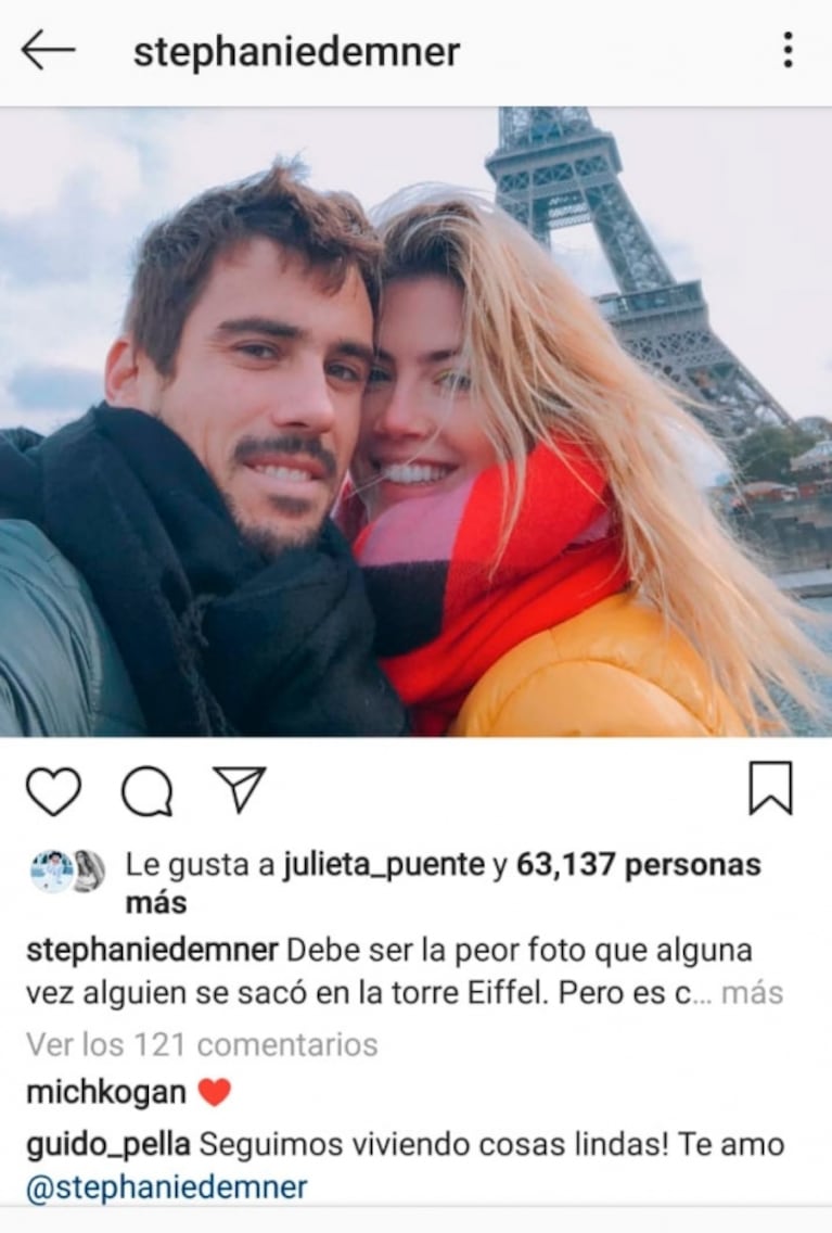 Stephanie Demner y Guido Pella, enamorados en París a medio año de blanquear su romance: "Un viaje más juntos"