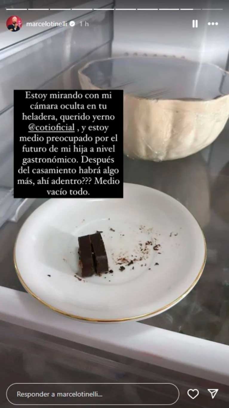 Stories de Marcelo Tinelli sobre la heladera de Coti Sorokin (Foto: Instagram @marcelotinelli)