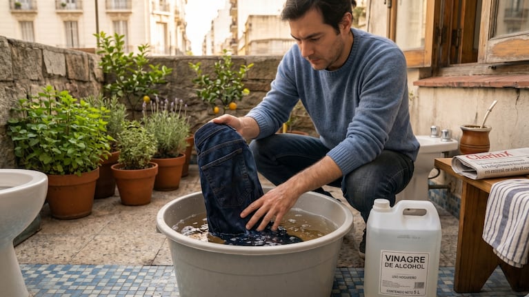 Sumergir los jeans en vinagre blanco y sal: para qué sirve y cuándo los expertos recomiendan hacerlo. Foto: imagen generada con Gemini IA.