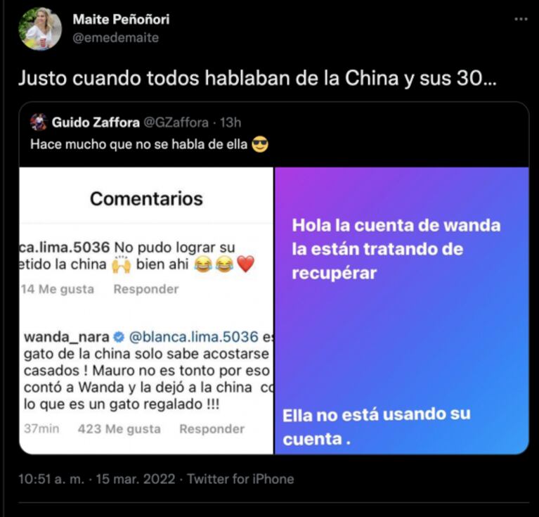 Suspicaz tweet de Maite Peñoñori por el hackeo a Wanda Nara: "Justo cuando todos hablaban de China" 