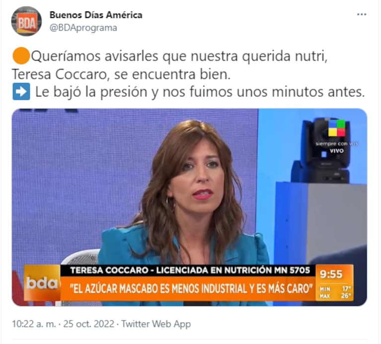 Susto en vivo en América por el desmayo de una nutricionista: "Vamos al corte"